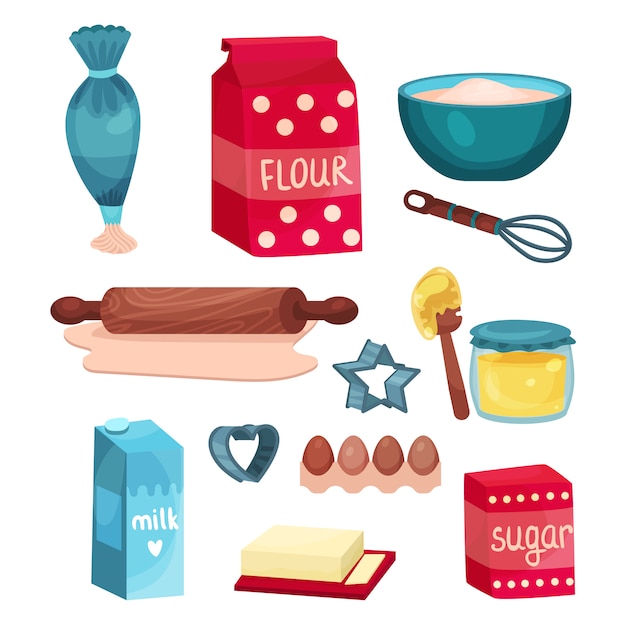 Vector bakkerij set, apparatuur en voedselingrediënten voor het bakken en koken van illustraties