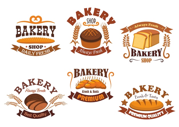 Bakkerij winkel badge set brood, frans stokbrood, croissant, roggebrood, tarwe lang brood, toast brood met granen oren, vaandel en vignet bloeit