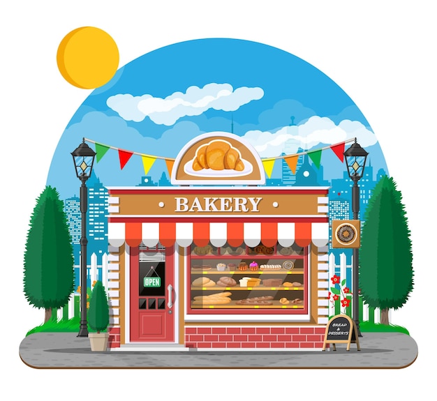 Bakkerij winkel gevel met bord te bouwen. Bakwinkel, café, brood-, banket- en dessertwinkel. Vitrines met brood, cake. Stadspark, straatlantaarn, bomen. Markt, supermarkt.