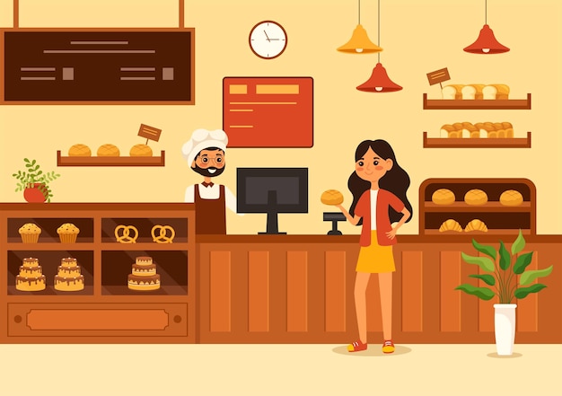 Bakkerij winkel vectorillustratie met verschillende soorten broodproducten te koop en winkelinterieur