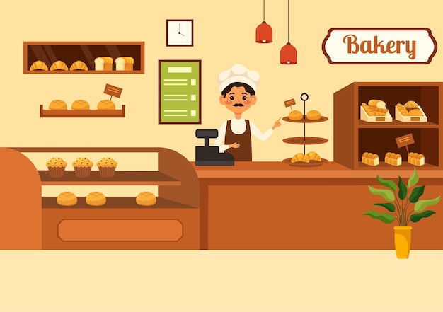 Bakkerij winkel vectorillustratie met verschillende soorten broodproducten te koop en winkelinterieur