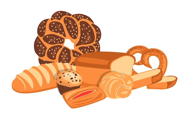Bakkerijcompositie Verschillende soorten brood Baguette verse croissant en bagel traditionele pretzel en taart Icon van de winkel en etiket menu omslag Gezonde voeding cartoon geïsoleerde vector illustratie
