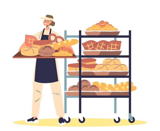 Vector bakkerijwinkel met een verkoper die een dienblad met vers brood vasthoudt. vrouwelijke bakker die deegproducten laadt om op te slaan. cartoon platte vectorillustratie