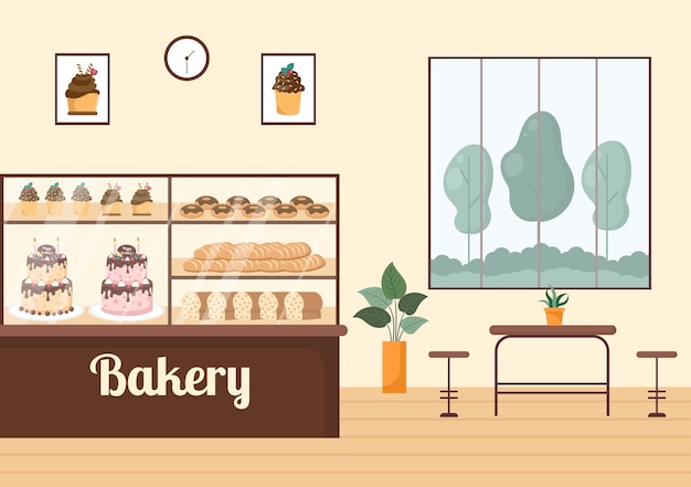 Bakkerijwinkelgebouw dat verschillende soorten brood verkoopt, zoals witbroodgebak en anderen, allemaal gebakken in een platte achtergrond voor posterillustratie