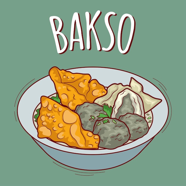 Illustrazione di bakso o polpetta cibo indonesiano con stile cartone animato