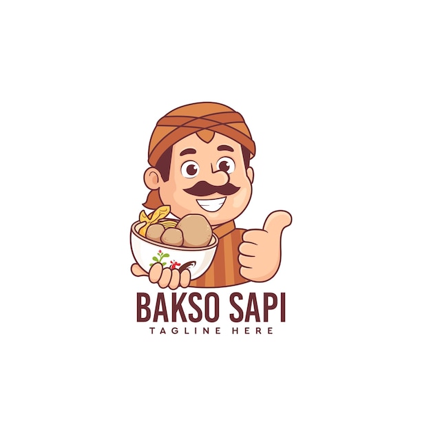 Logo della mascotte di bakso sapi con un uomo indonesiano che tiene una ciotola di polpette di cucina