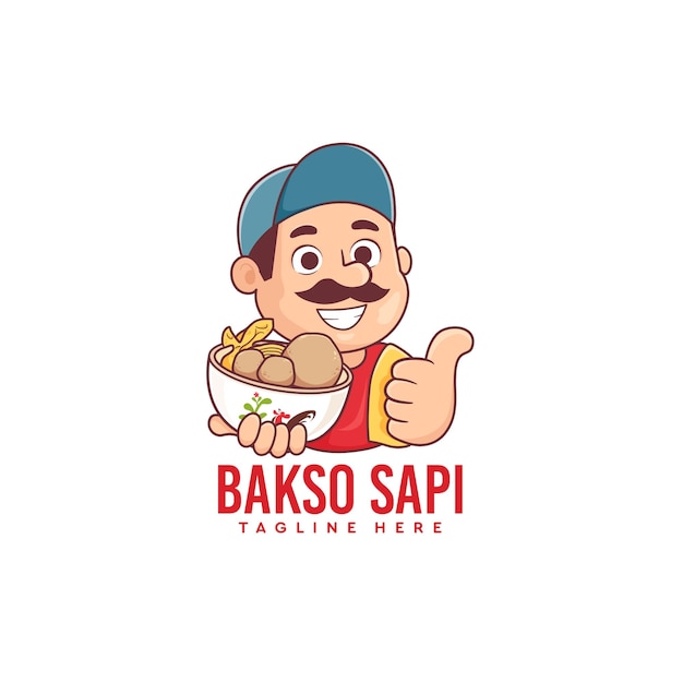 Bakso sapi mascotte logo met indonesische man met keukenkom gehaktballen