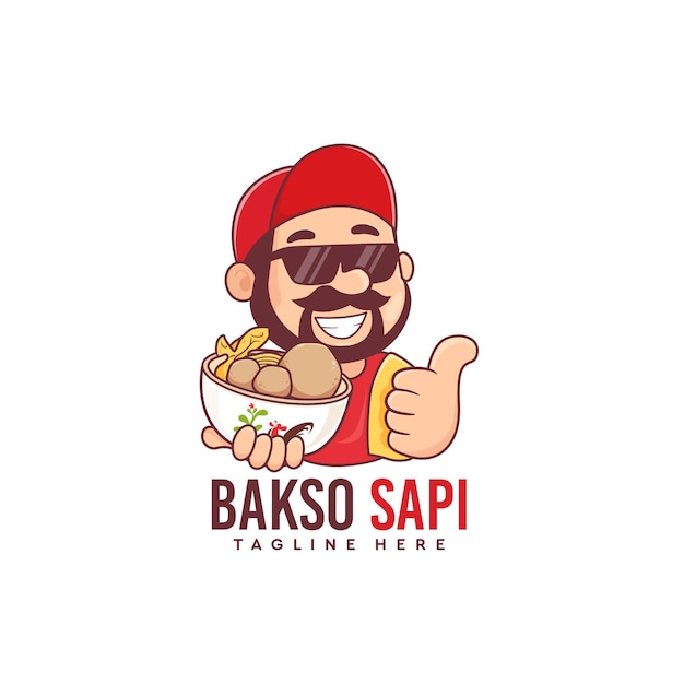 Bakso sapi mascotte logo met indonesische man met keukenkom gehaktballen