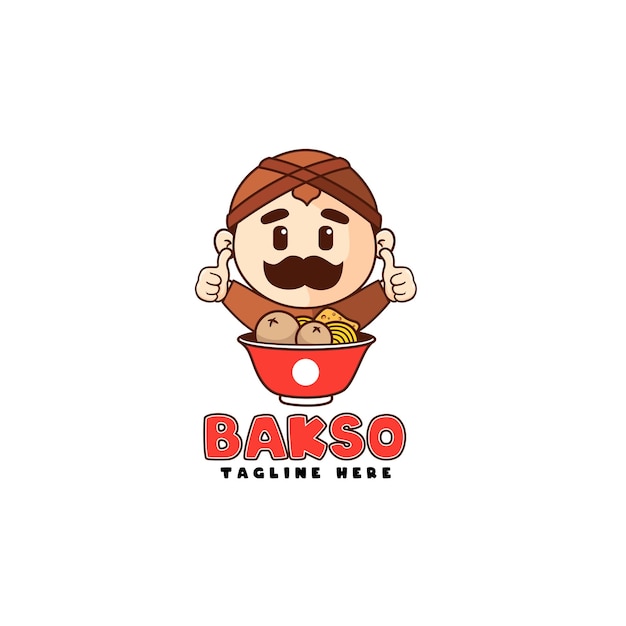 Bakso sapi mascotte logo met Javaanse man met keukenkom gehaktballen