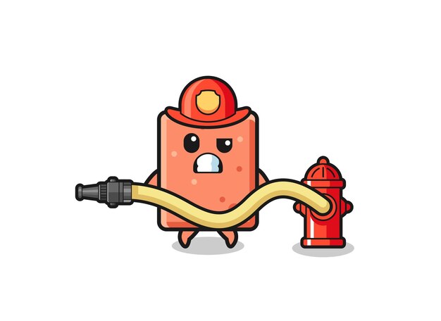 Baksteen cartoon als brandweerman mascotte met waterslang