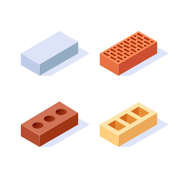 Baksteen isometrische pictogrammen. set van 3d-bouwblokken. in vlakke stijl op een witte achtergrond.