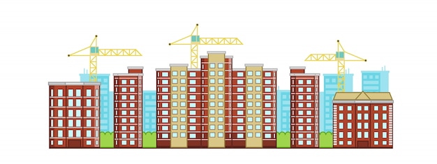 Vector baksteen nieuwe gebouwen met kraan op een achtergrond