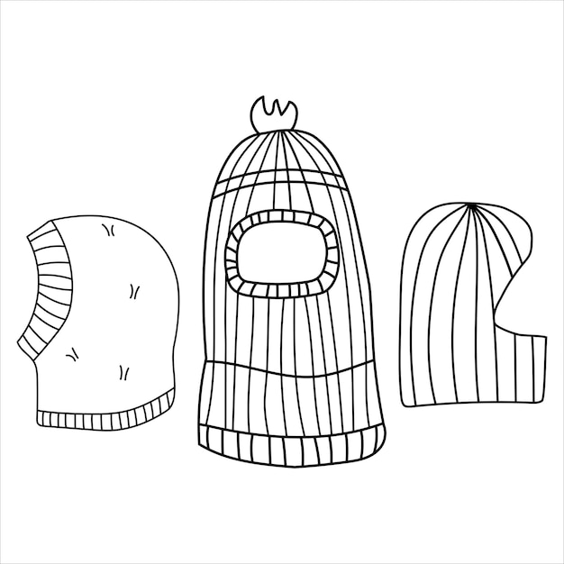 Balaclava hat trendy knitted accessories black and white line art vector design. Trendy kinitted hats