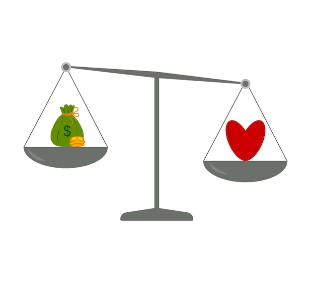 Balance of love and money Heart and a bag of money on the scales Vector illustration