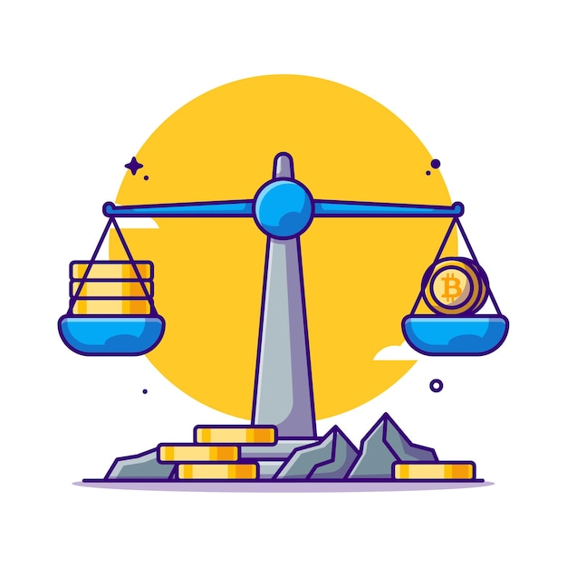 Vector balance scale bitcoins cartoon illustrations