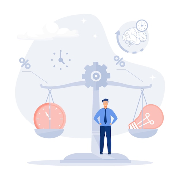 Balance between time and cost of an idea mechanical scales with clock flat modern vector illustrat