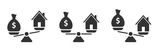 Баланс с долларом и значком дома Деньги и значок весов дома Плоская векторная иллюстрация