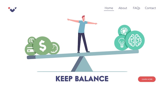 Vector balance at work landing page template. tiny male character balancing on huge seesaw with different values time, money, finance, hobby or self development, education. cartoon people vector illustration