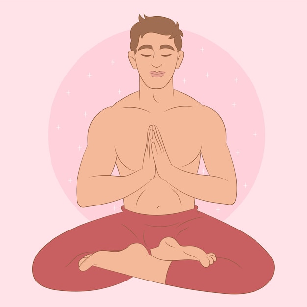 Balanced guy meditating with closed eyes sitting in lotus pose