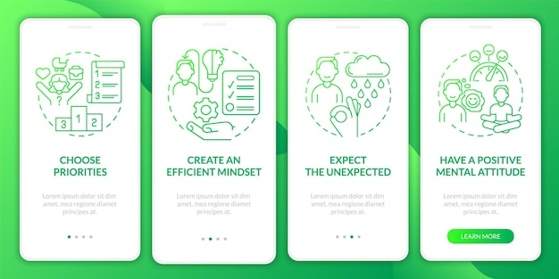 Balanced life tips green gradient onboarding mobile app screen Lifestyle walkthrough 4 steps graphic instructions pages with linear concepts UI UX GUI template Myriad ProBold Regular fonts used