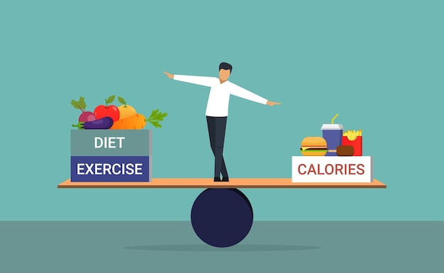 Vector balancing between calories with exercise and diet scale and weighing we ate and we burn calories in and calories out healthy life style diet