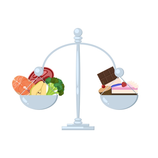 Balancing scale with the healthy food on the on side and unhealthy food on the other side