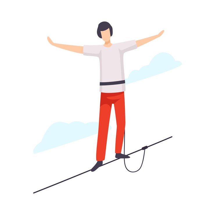 Vector balancing tightrope walker flat vector illustration isolated on white background