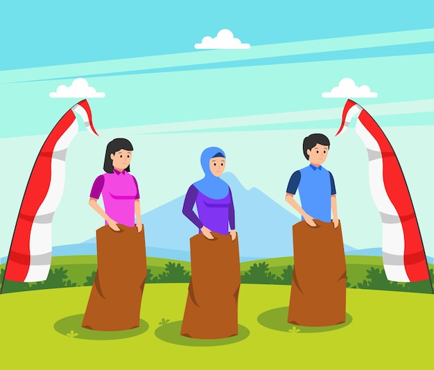 игра балап карунг или гонка в мешках в честь Дня независимости Индонезии