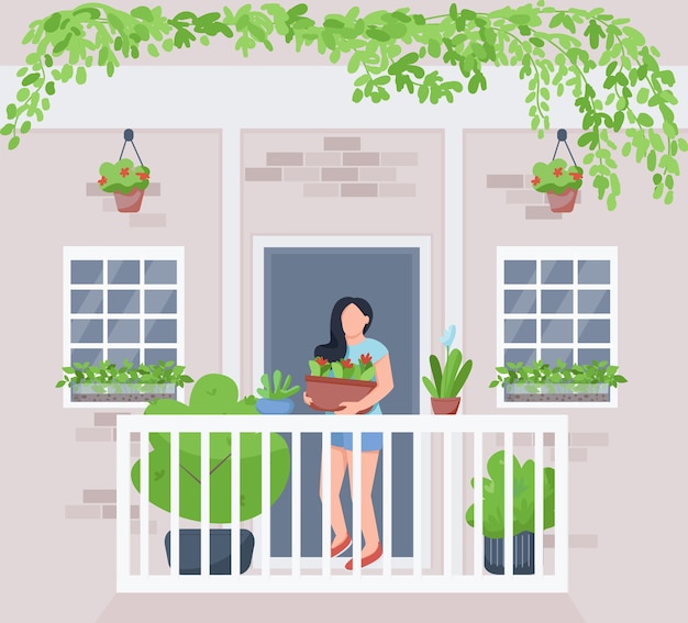 Балкон дома садовый плоский цвет. женщина с комнатным растением в горшке. висящая зелень. выращивание растений. женщина-садовник 2d мультипликационный персонаж с экстерьером на фоне