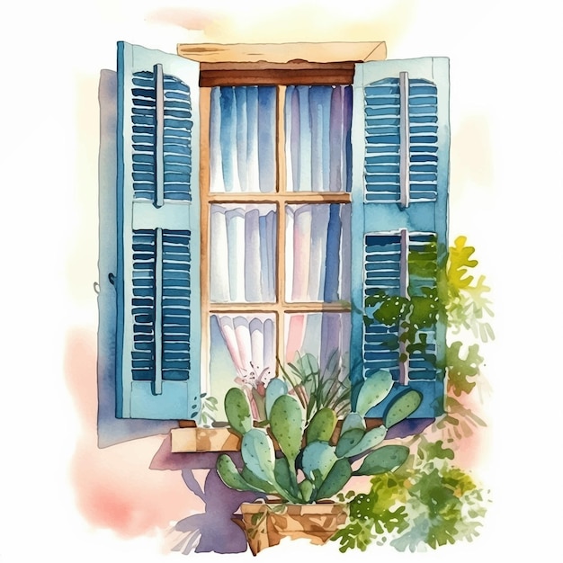 Balcony window with vase of cactus watercolor paint