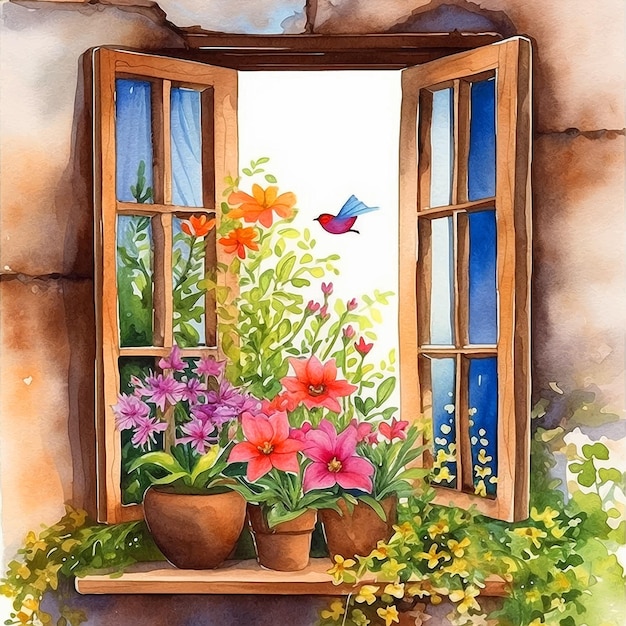 Balcony with vase of flowers watercolor paint