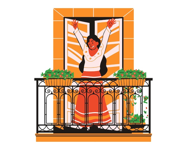 Balcone con una donna su un balcone illustrazione vettoriale