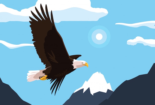 Vector bald eagle bird flying with landscape