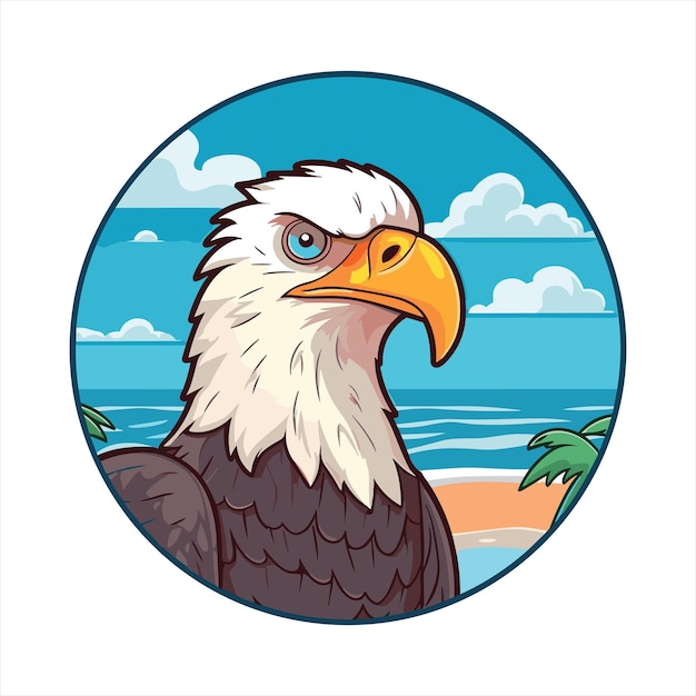 Bald Eagle Cute Funny Cartoon Kawaii カラフルな水彩のビーチ 夏の動物のステッカーイラスト