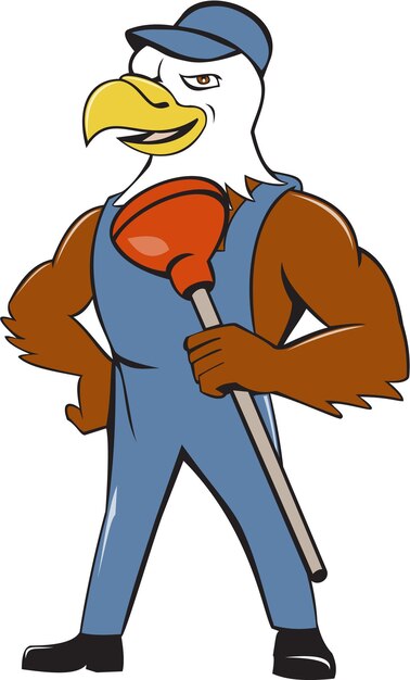 Bald Eagle Plumber Plunger Isolated Cartoon