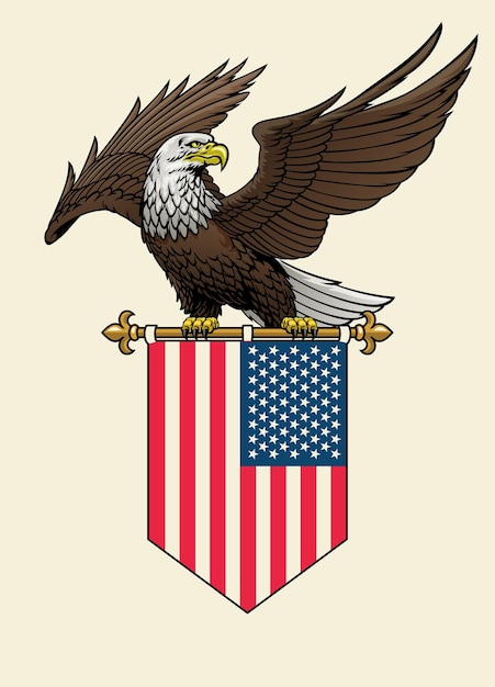Vector bald eagle stands on the american flag