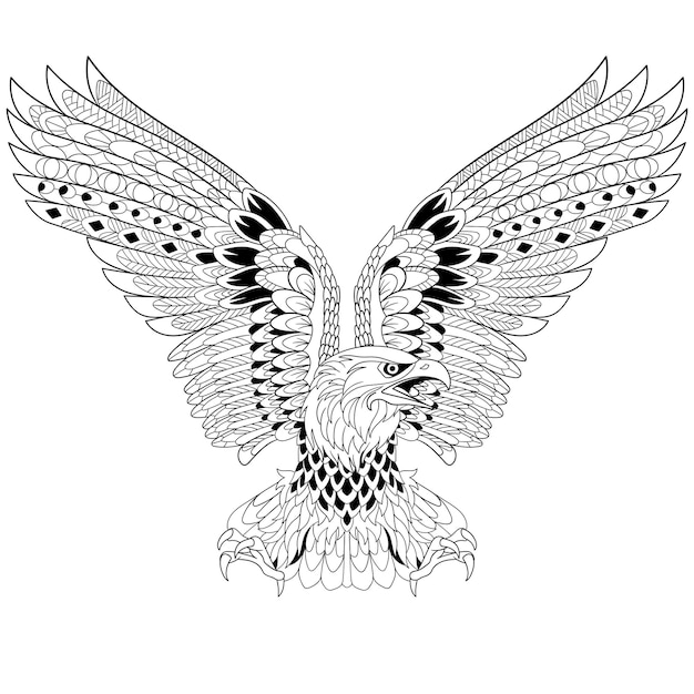 Тату белоголового орла. Иллюстрация раскраски Zentangle. Линейный арт-дизайн для страницы раскраски для взрослых.