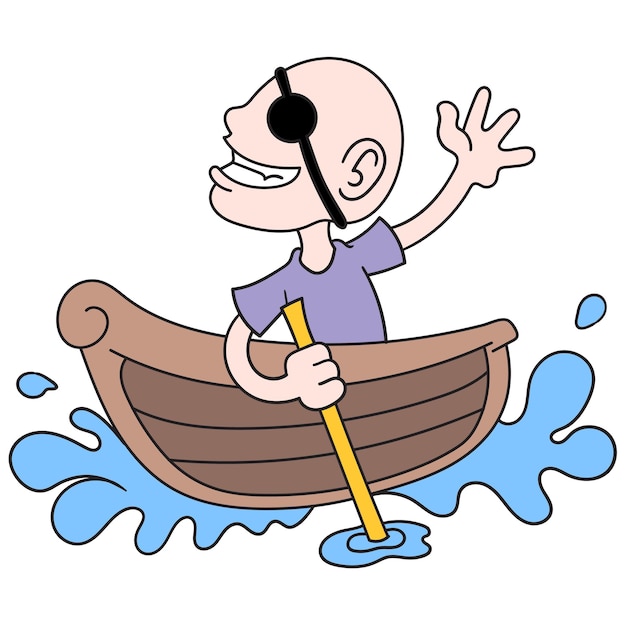 A bald man becomes a pirate alone in a small boat, vector illustration art. doodle icon image kawaii.