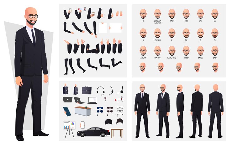 Vector bald man wearing suit and glasses character creation set with hand gestures, emotions and mouth animation premium vector