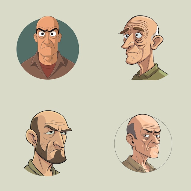 Vector bald midaged man with skin wrinkles set of flat vector illustration