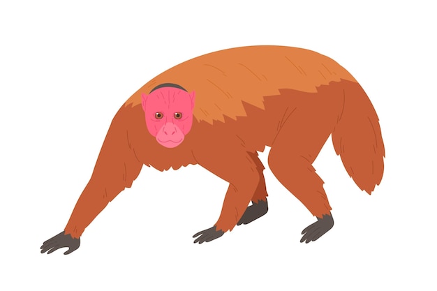 Vector bald uakari or monkey with bare crimson face and short tail. exotic jungle red-headed animal covered with fluffy brown coat. colored flat vector illustration isolated on white background.