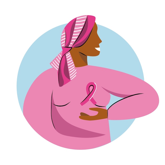 Bald woman in bandana with pink ribbon fight breast cancer Pinktober concept awareness month October Female healthcare campaign Faceless pink beautiful