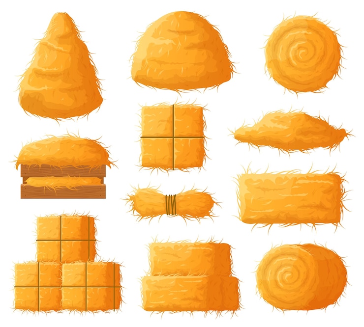 Vector bale of hay, agricultural haymaking, dried straw haystack, rural haycock. farming haycock, dried haystack, straw and wheat vector flat illustration. rural dry haystacks