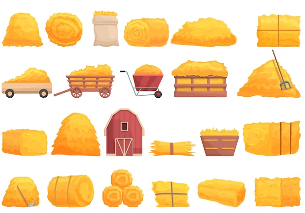 Bale of hay icons set cartoon vector. Agriculture haystack