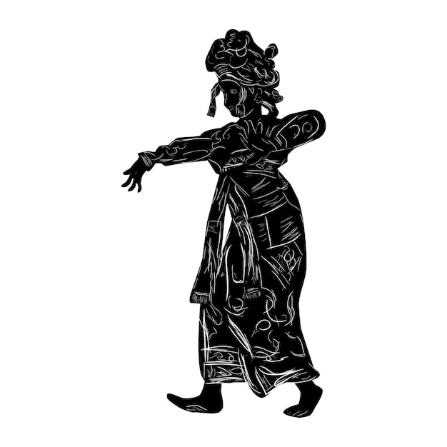 Danza di bali semplice disegno a mano vettoriale e silhouette di ragazza tradizionale di bali indonesia dancer.