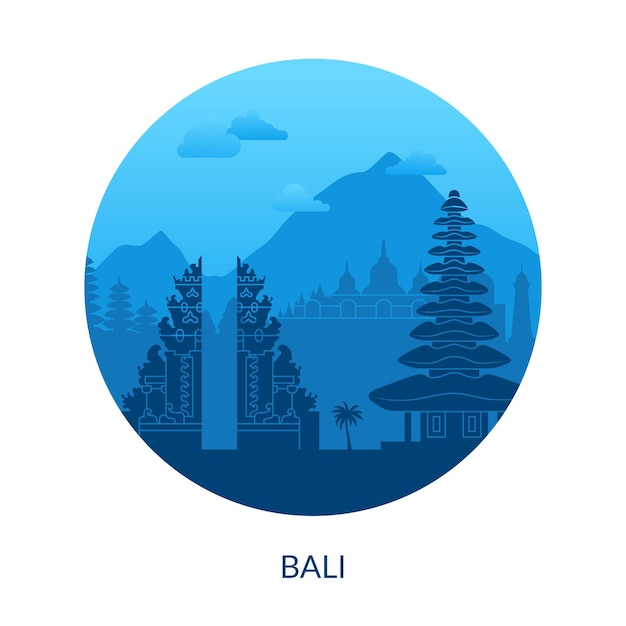 Вектор Бали, индонезия, знаменитое место с видом на этикетку