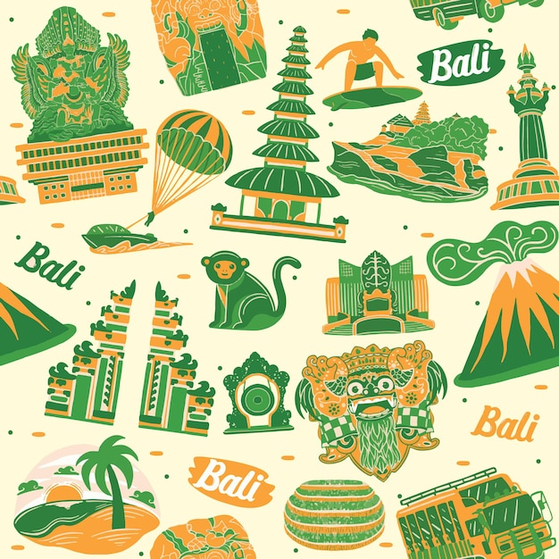 Vector bali seamless pattern with landmarks elements