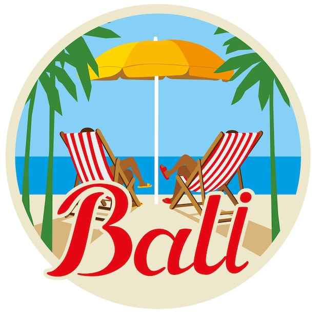 Adesivo turistico di bali lettini e ombrellone sulla spiaggia