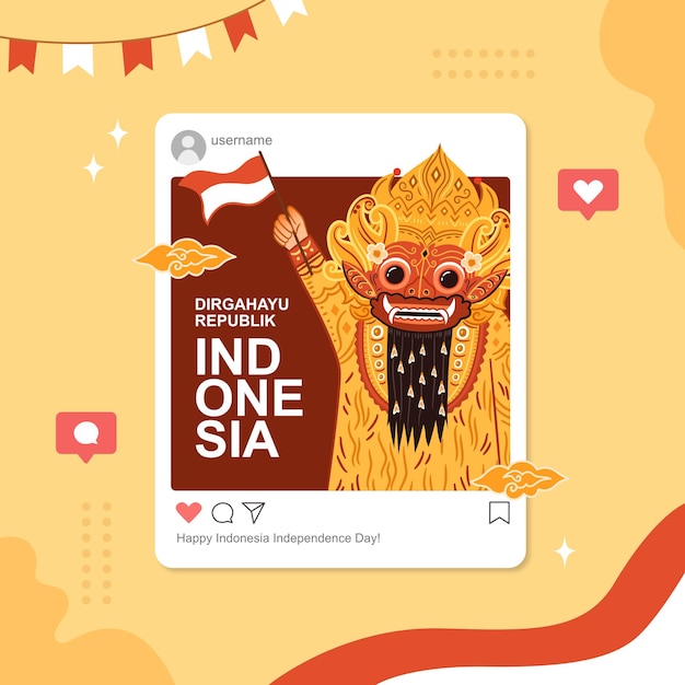 Vector balinese barong-illustratie viert instagram-sjabloon voor de onafhankelijkheidsdag van indonesië