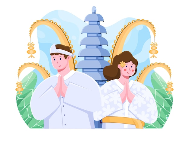 Vector balinese couple greeting happy galungan kuningan ceremony days cartoon vector flat illustration